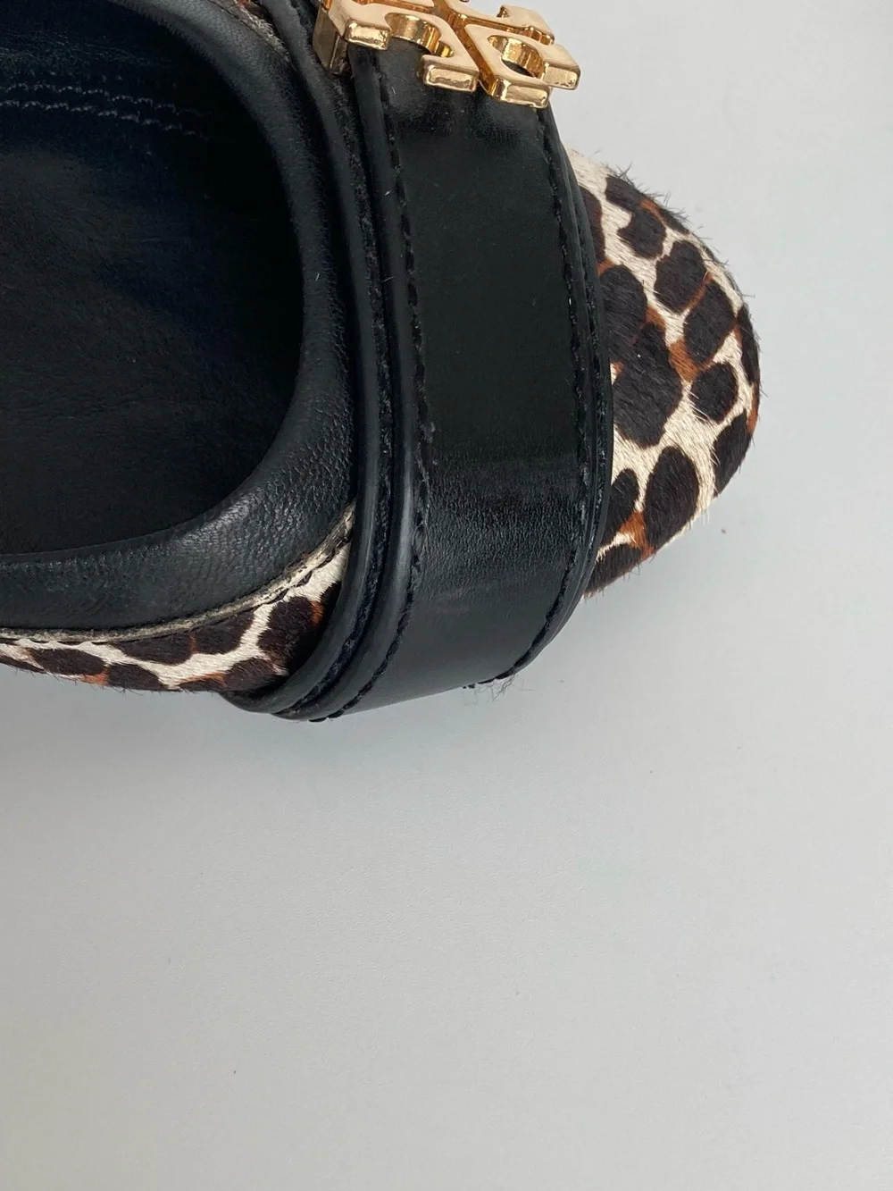 Tory Burch Eloise Black Leather & Leopard Print Cap-Toe Ballet Flats
